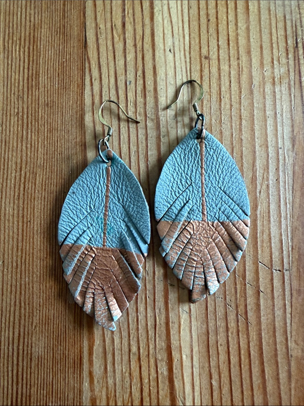 Leaf Earrings -Grey and Copper painted leather with brass
